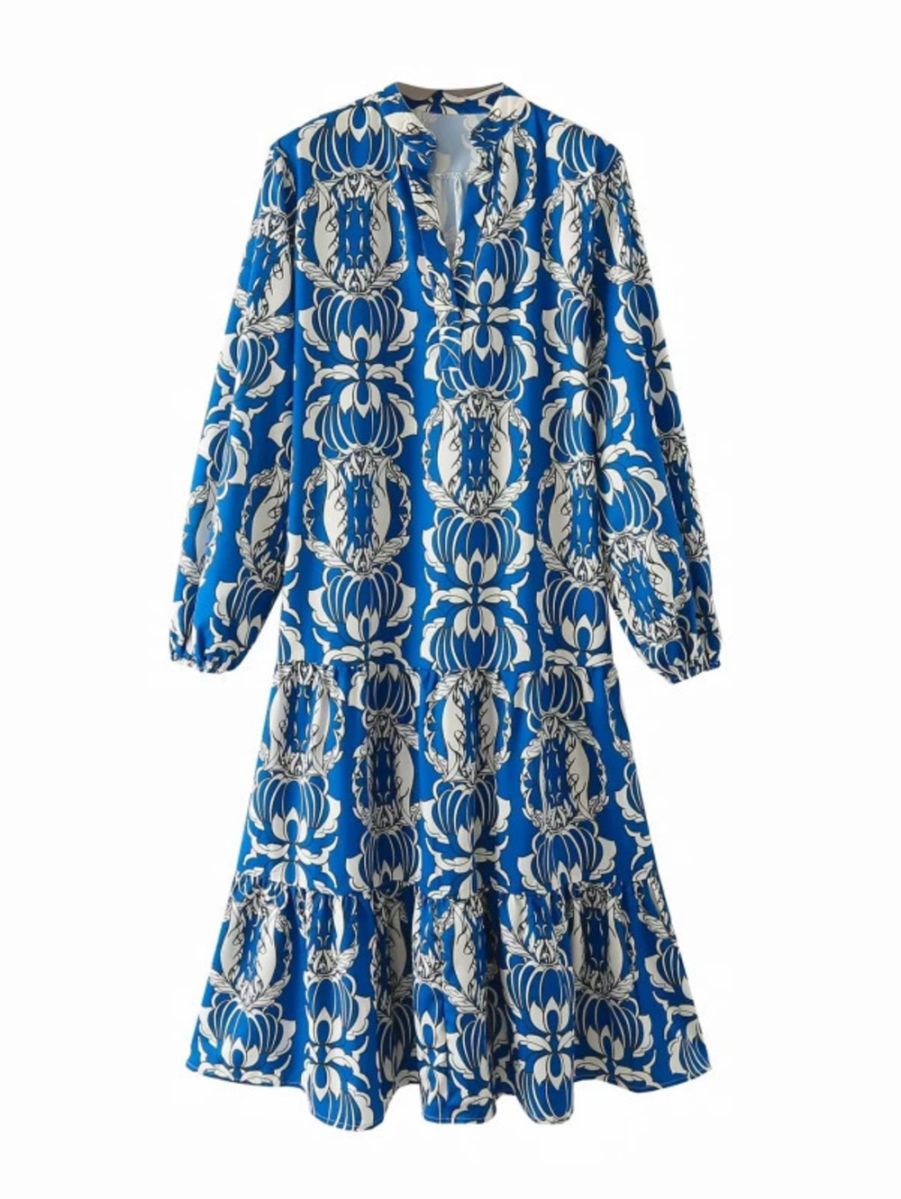 Spring Long Sleeve Blue Floral Print Dress